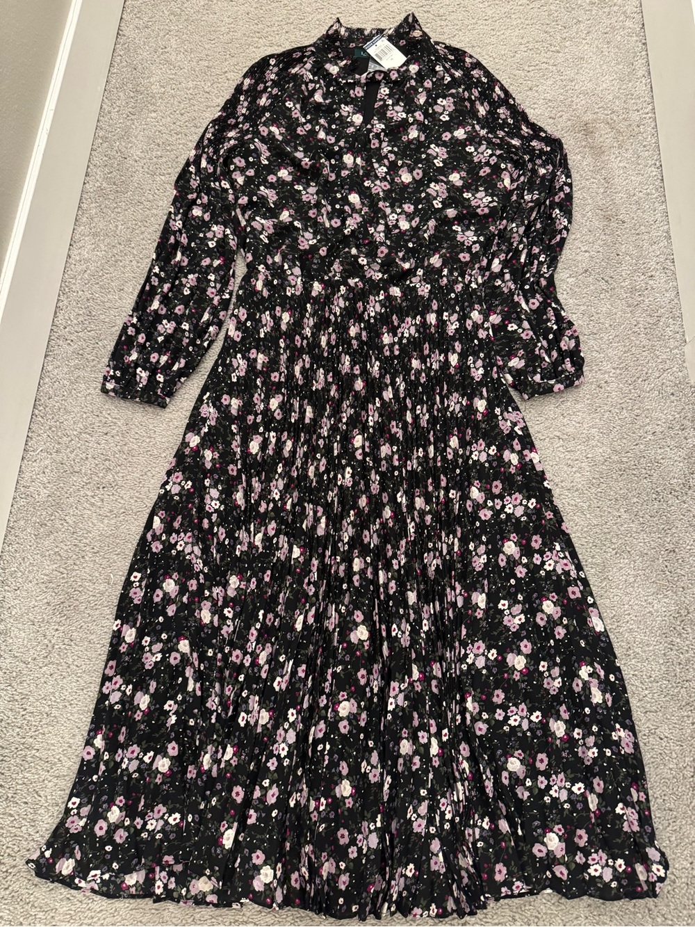 Ralph Lauren Women’s Black Floral Pleated Long-Sleeve Dress